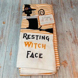 NWT La Cuisine Halloween Resting Witch Face Cat Kitchen Dish Hand Towel Set